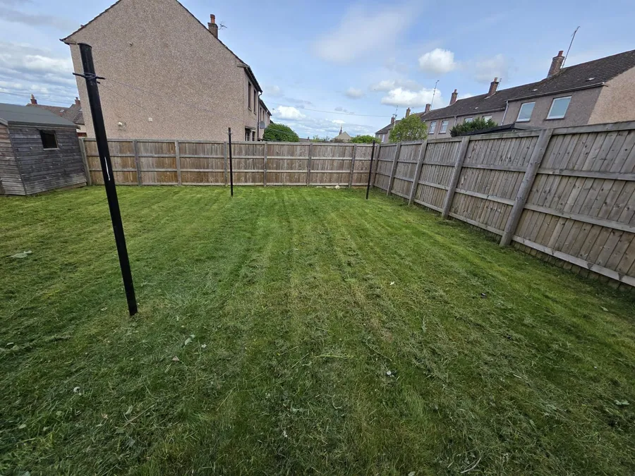 Neat back-garden lawn under a clear blue sky