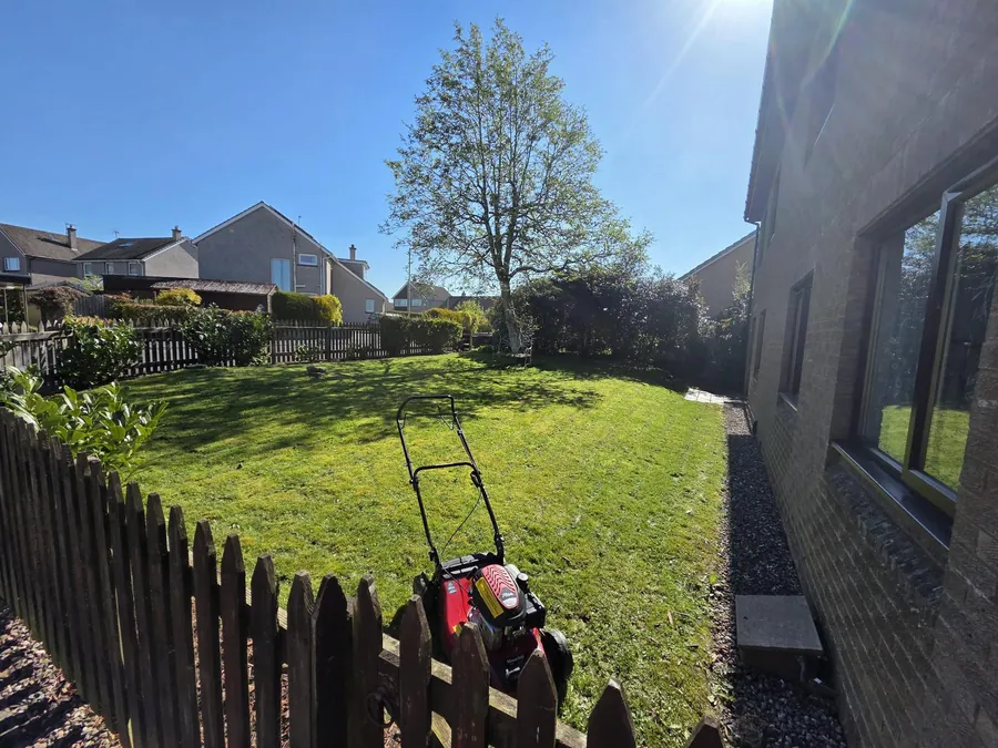 Lawnmower on a freshly mown garden lawn