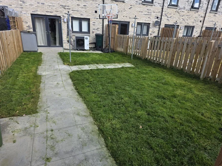 Striped lawn and stone path between terraced houses
